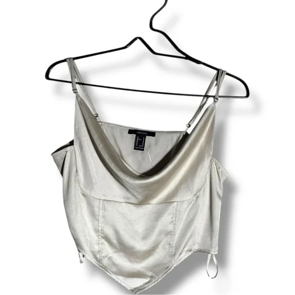 H&M Chic Ivory Satin Skinny Strap Cowl Neck Women's Cropped Camisole Top - Picture 14 of 16